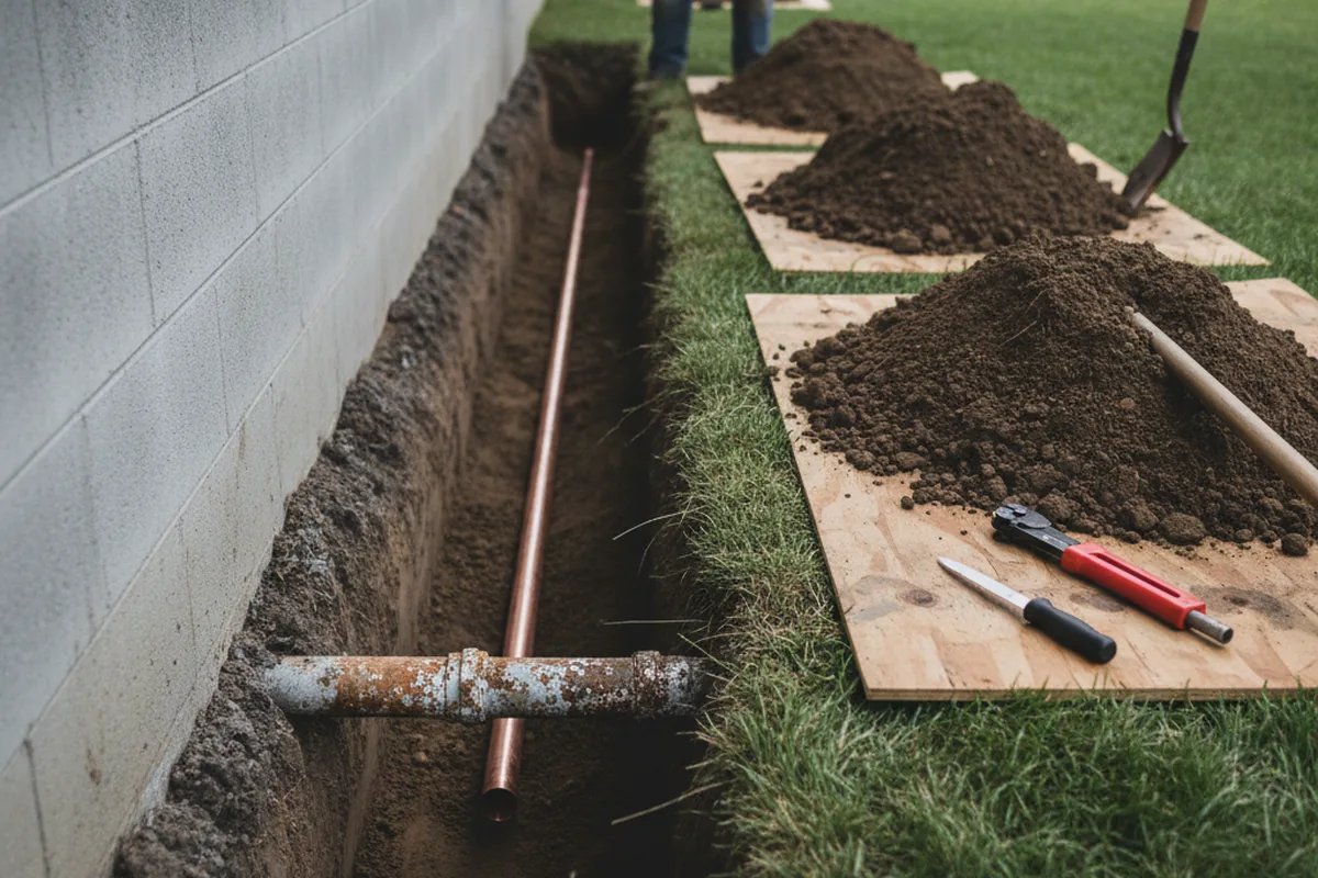 Excavated water line trench during Sewer Line Repair in Ibapah